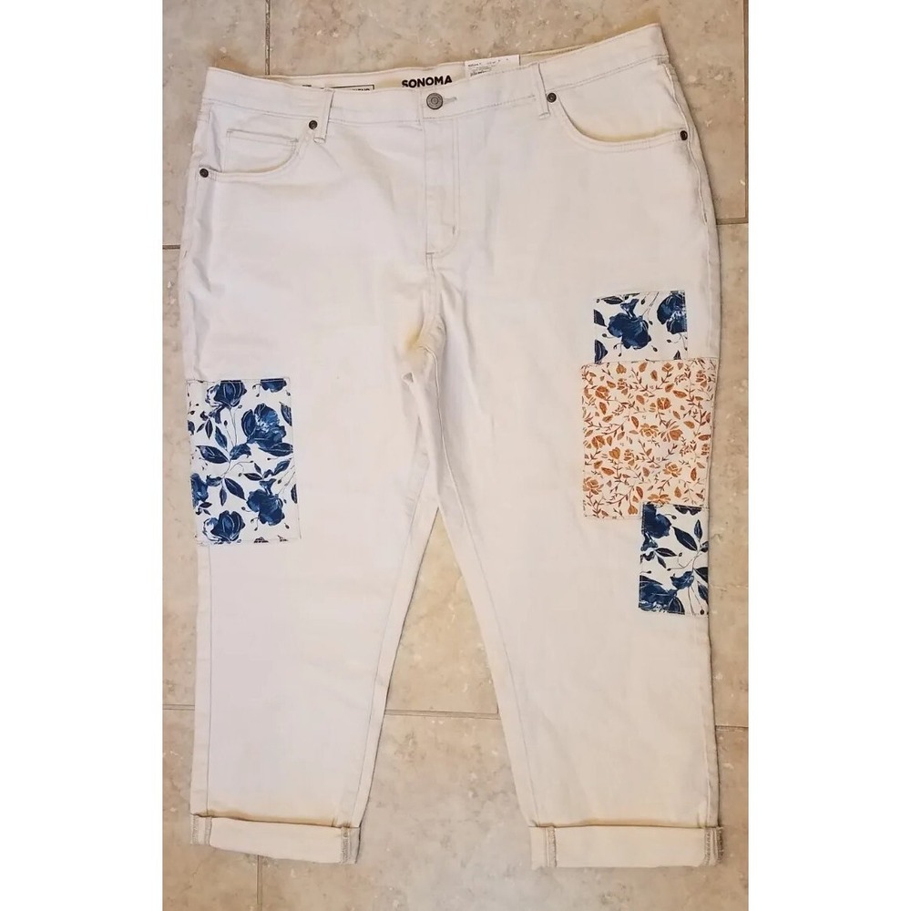 Sonoma Women Floral Patch Boyfriend Jeans Ankle Cropped Pants sz 18 Petites NEW‎